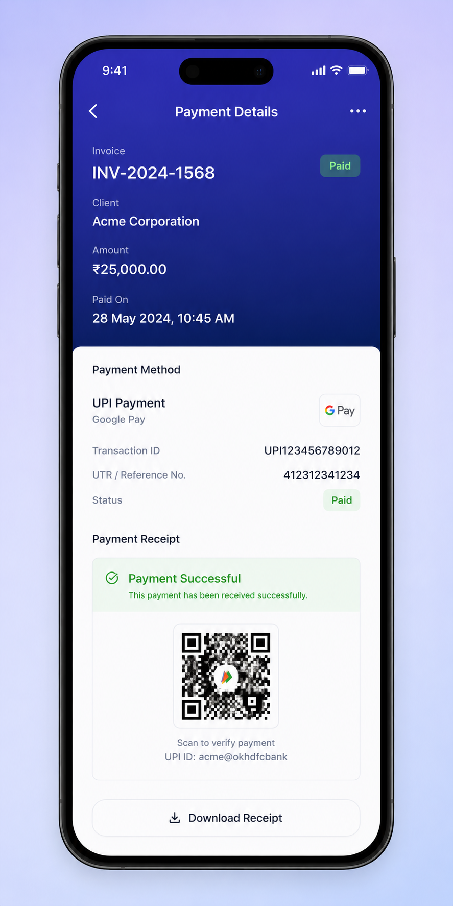 A Bill Maker payment confirmation on a mobile phone, marked paid